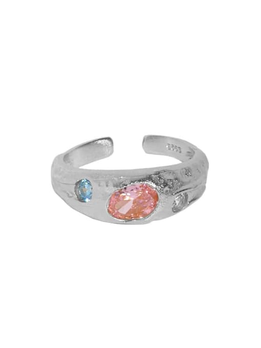White gold [pink stone] 925 Sterling Silver Cubic Zirconia Irregular Vintage Band Ring